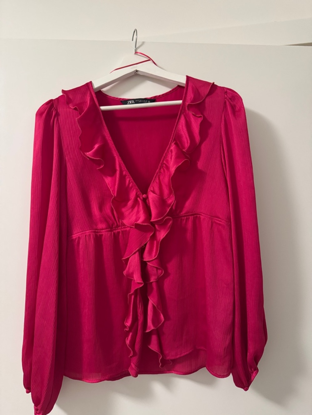 Zara Hot Pink Ruffle V-Neck Long Sleeve Blouse